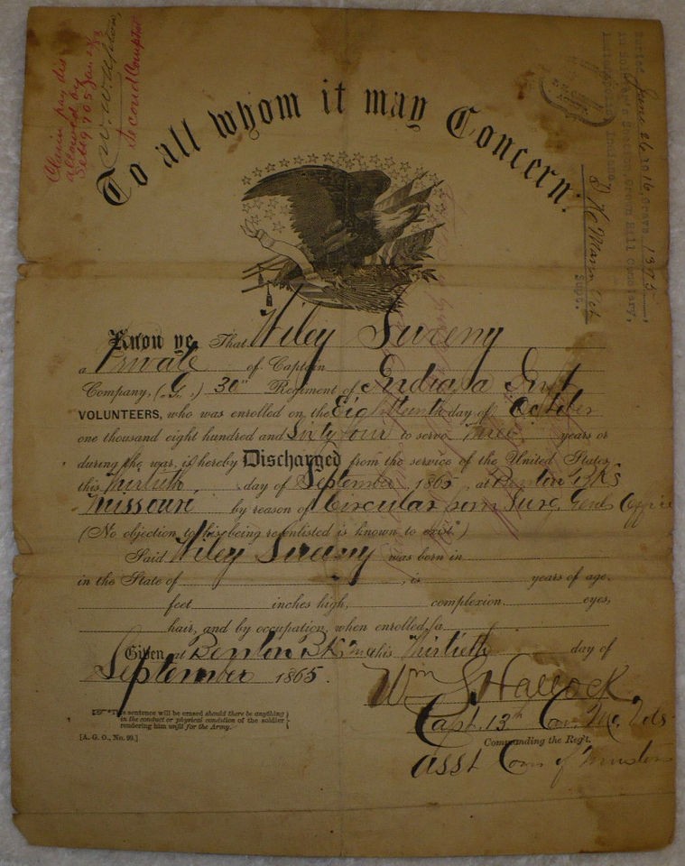 RARE ORIGINAL NAMED CIVIL WAR US ARMY MILITARY DISCHARGE PAPERS 