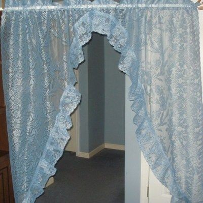 VINTAGE BLUE FLORAL LACE NET RUFFLE SWAG CURTAINS 2 PANELS