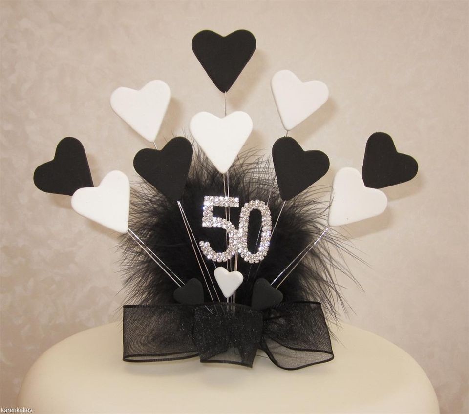 BLACK & WHITE HEART CAKE TOPPER WITH DIAMANTE AGE 21st 30th 40th 50th 