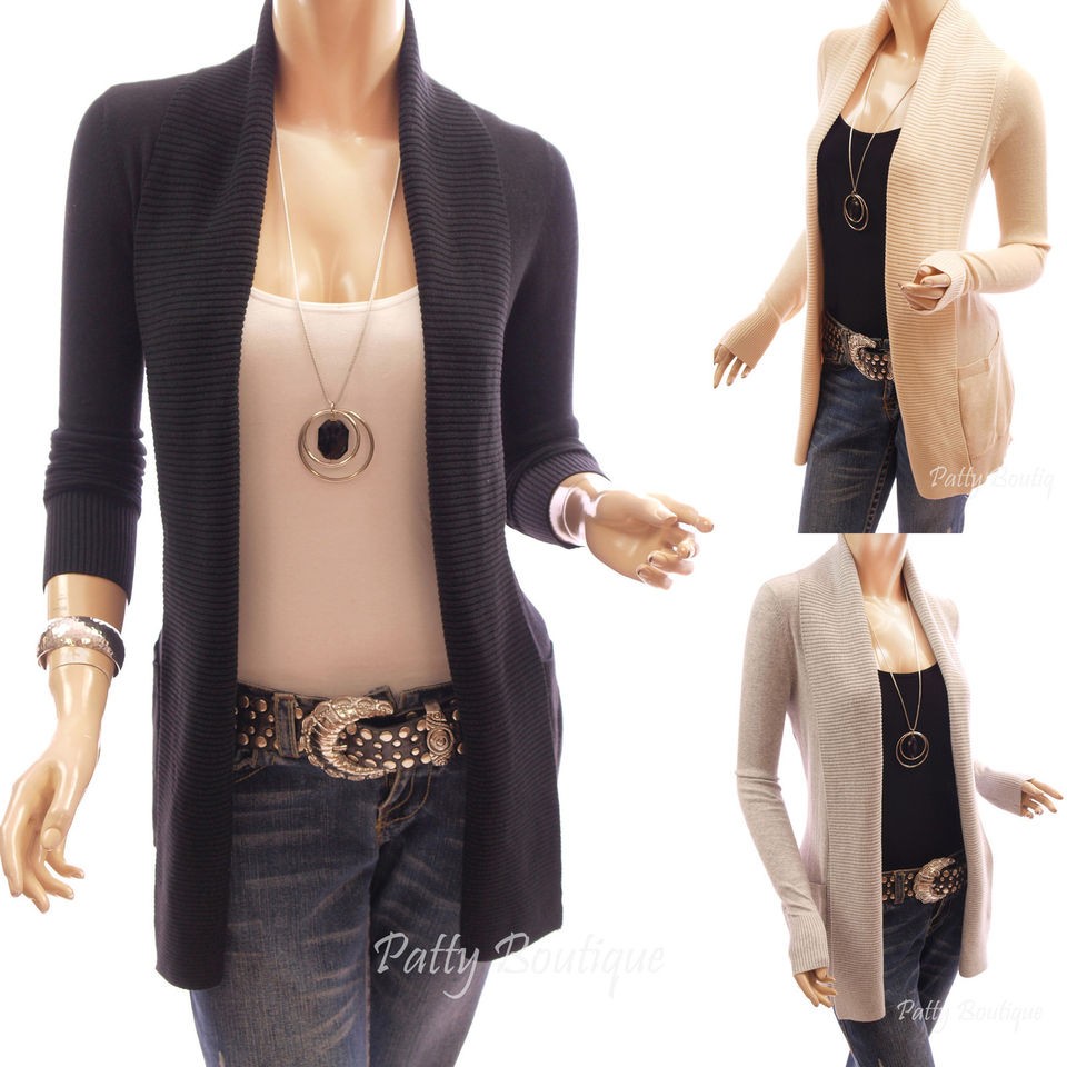 Stunning Shawl Ridded Collar Long Sleeve Light Knit Cardigan Sweater