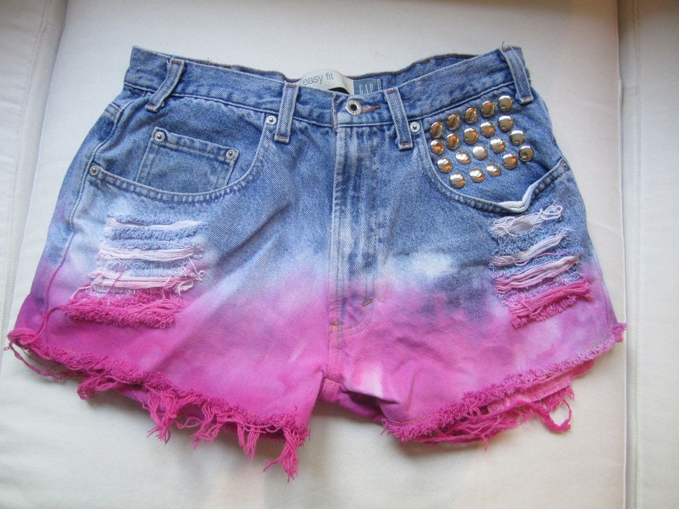 VTG DISTRESSED dip dye pink studded GAP HIGH WAIST DENIM SHORTS 