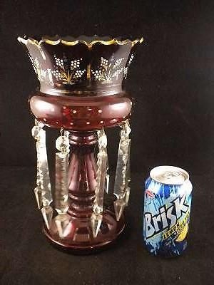 Old CRANBERRY RED GLASS Mantle LUSTER w/ 8 PRISMS ENAMEL Floral Design