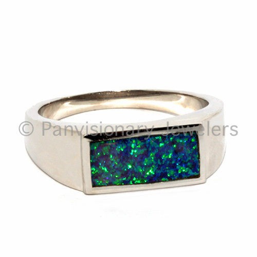   Dark Blue wGreen Fire Created Opal Signet Ring .925 Sterling Silver