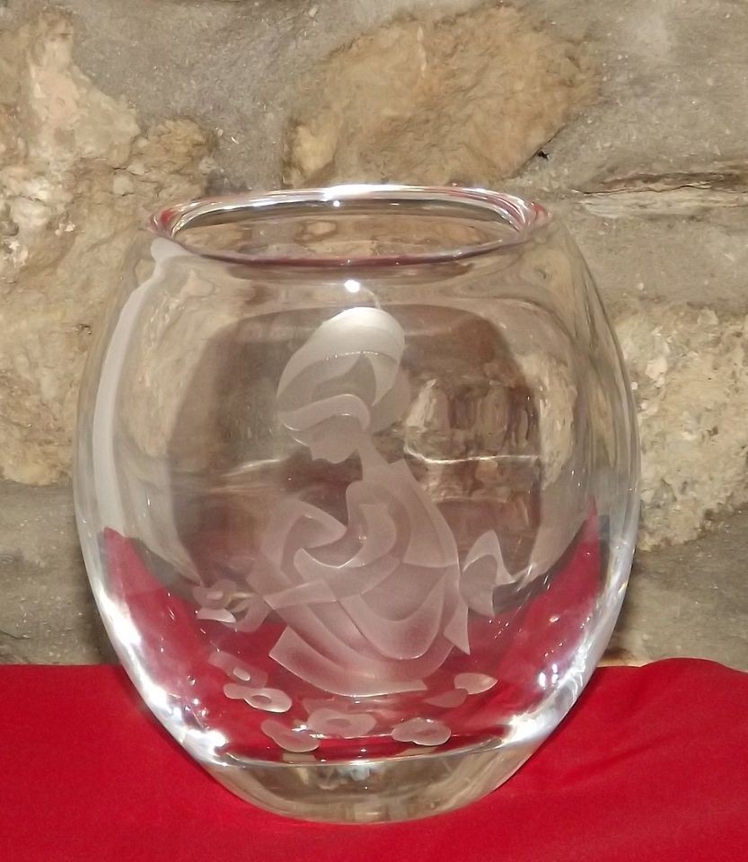 Swedish Art Glass Wheel Engraved Vase Image Young Girl With Bird on 