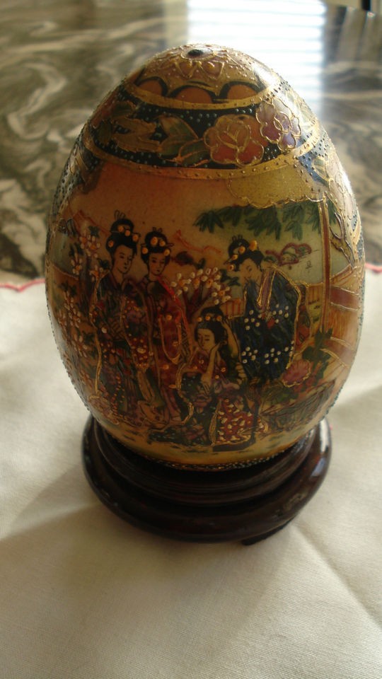 SATSUMA BEAUTIFULLY ORNATED EGG WITH JAPANESE GEISHA,BIRD MOTIVES 5 