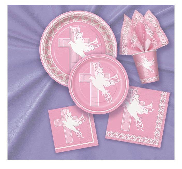 CROSS CHRISTENING COMMUNION GIRL PINK PARTYWARE tablecover cups plates 