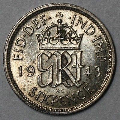 1943 GEORGE VI SILVER 6 pence WWII Coin