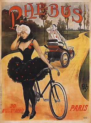 PHEBUS CLOWN PIERROT CAR BICYCLE PARIS FRANCE VINTAGE POSTER REPRO 12 