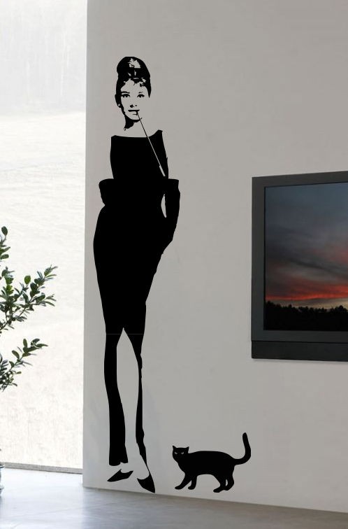 AUDREY HEPBURN WALL ART STICKER WITH CAT DECAL STENCIL INTERIOR DESIGN 