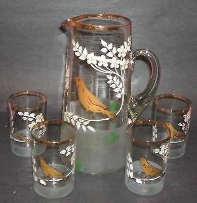 ANTIQUE VINTAGE MOSER GLASS LEMONADE PITCHER & 4 TUMBLERS