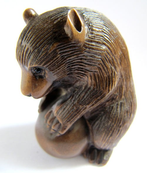 Y137    2 Hand carved Boxwood Netsuke   Bear play ball