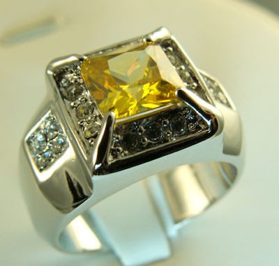 Mens simulated GOLDEN TOPAZ ring 20 czs 18K overlay 15