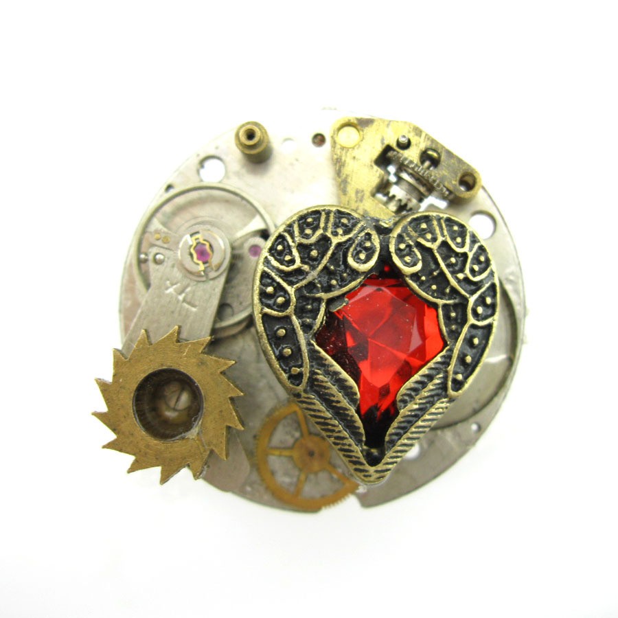   ANTIQUED HANDMADE QUARTZ HEART WATCH GEAR RING OPEN SIZE 6 SP128