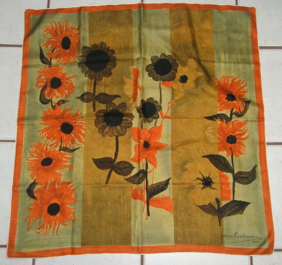   Mid Century Pierre Balmain Paris Silk Scarf Large Sunflowers 29 x 29