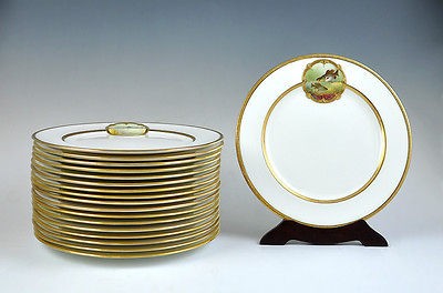 18 ROYAL DOULTON GILT PORCELAIN HAND PAINTED FISH PLATES by J. HANCOCK 