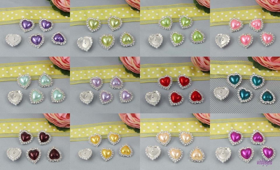 10 X Rhinestone Pearl Silver Tone Shank Charming Heart Button For 