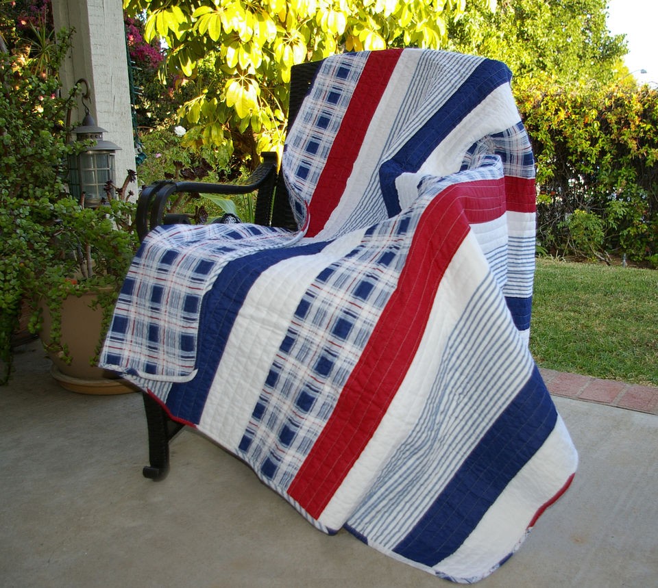 Nautical Stripes 2pc Twin Quilt Set Coastal Beach Patchwork Red/navy 