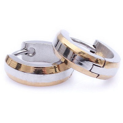 Gold & Silver Simple Stainless Steel Stud Hoop Mens Earrings E64