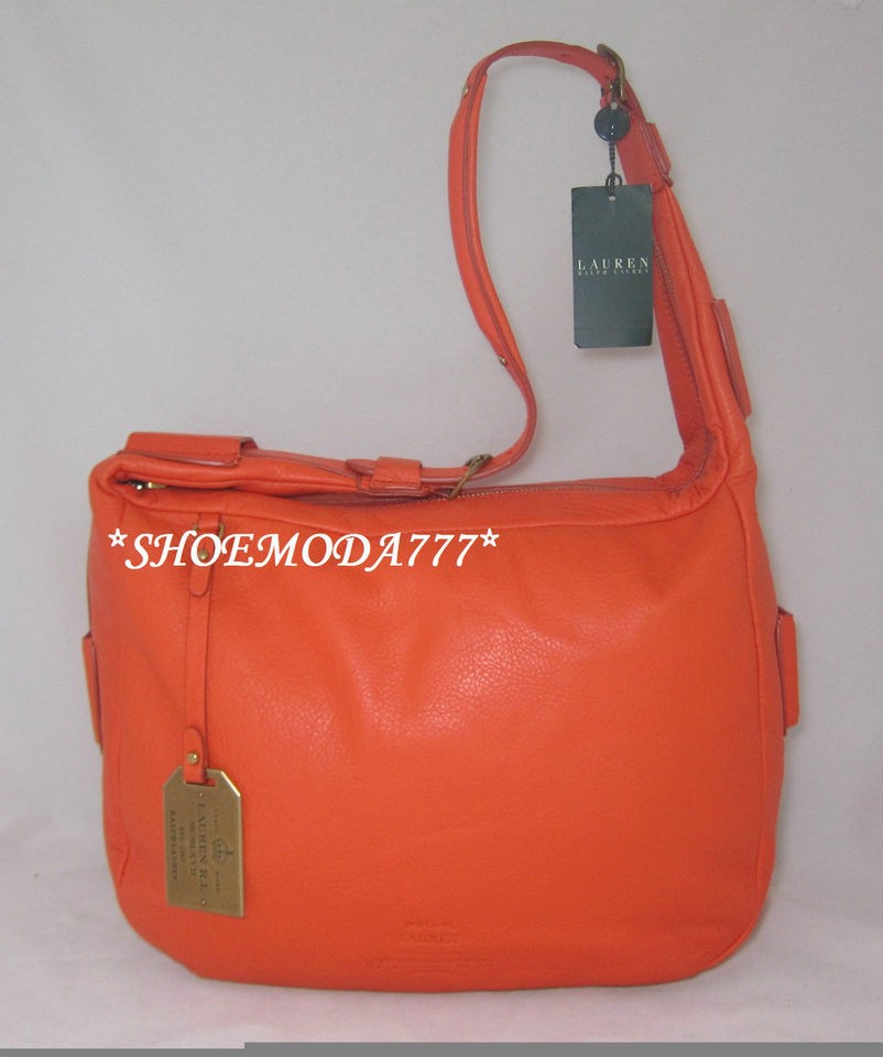 298 Ralph Lauren BALDWIN Large Zip Leather Hobo Bag Purse Orange 