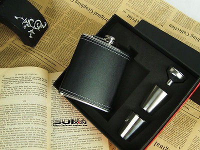 OZ Stainless Steel Wine Pot Flagon Liquor Flask Black Leather