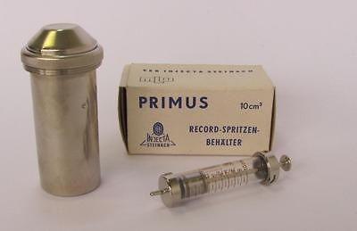 VINTAGE BRASS & GLASS SYRINGE w/STERILIZER PRIMUS MINT