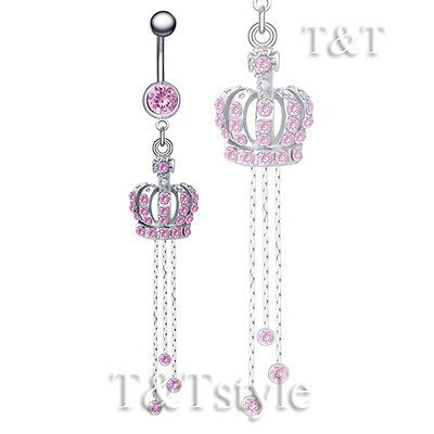 Pink Crystal Crown Long Dazzling Dangle Belly Bar Ring BL50B