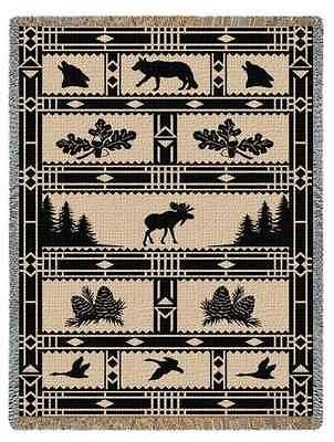   BEAR WOLF GEESE LODGE WOODLANDS WILDLIFE TAPESTRY THROW AFGHAN BLANKET