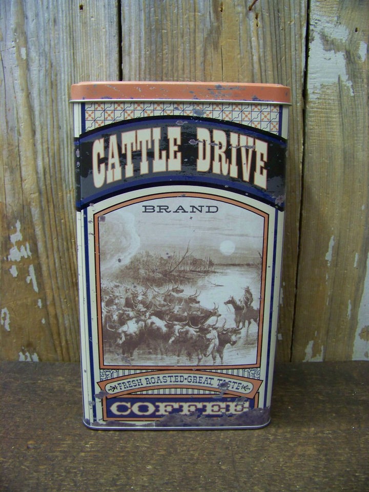 Vintage Look Tin Cattle Drive Coffee Canister Food Safe Stag Lane 
