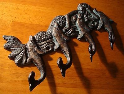 GORGEOUS MERMAID & DOLPHIN TAIL HOOK HANGER PLAQUE Nautical Beach Home 