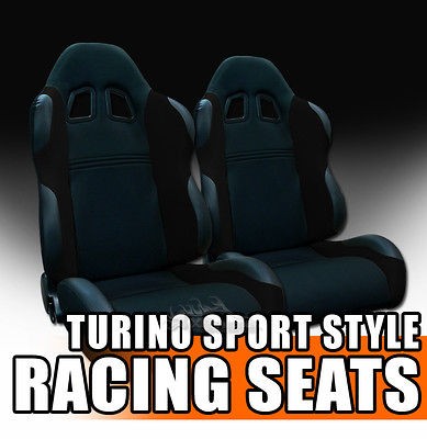 2x Universal Black Fabric & PVC Leather Sport Racing Bucket Seats 