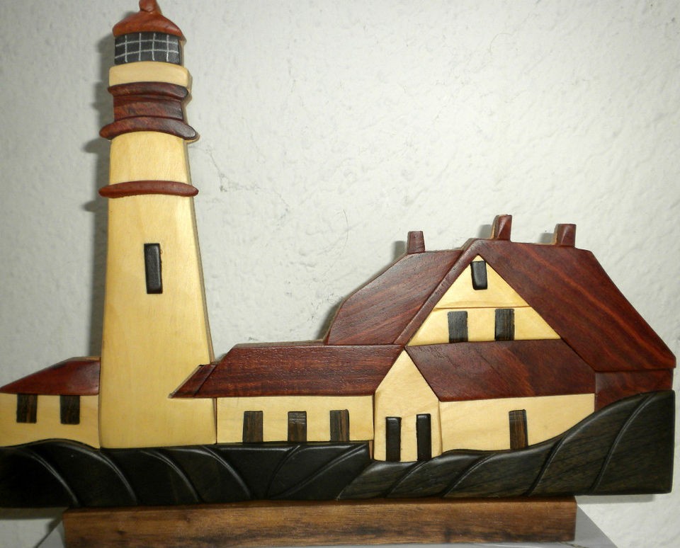 LIGHTHOUSE INTARSIA HAND CARVED WOOD MOSAIC INTARSIA  WINDOW SILL 