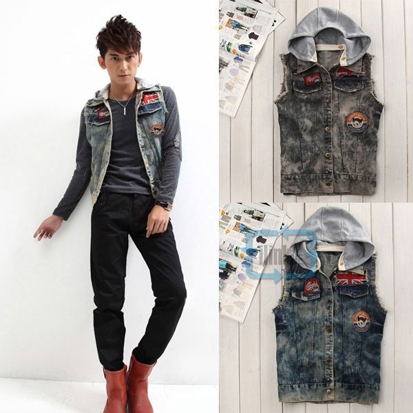 denim vest hoodie in Vests