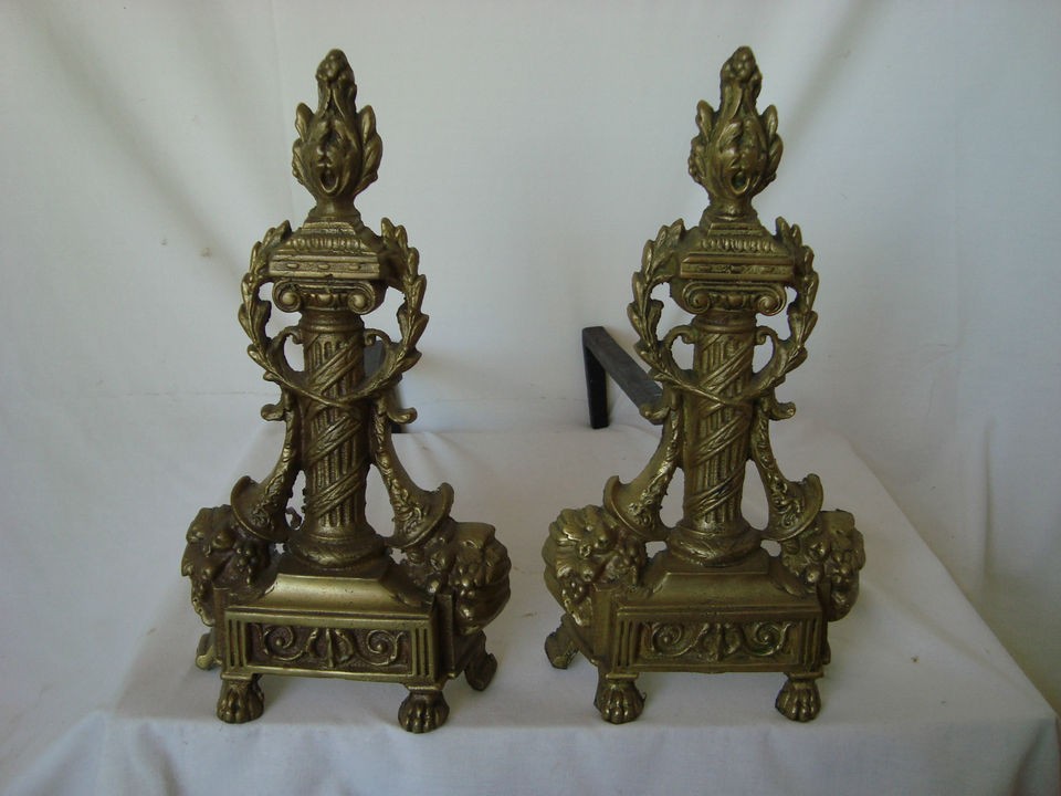 BRASS FRENCH ANDIRONS W/ ROMAN PILLARS & CLAW FEET