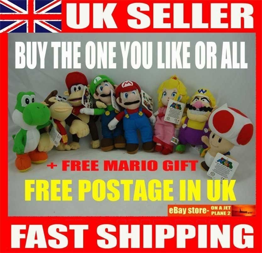   MARIO Luigi Peach Kong Toad Diddy Wario Yoshi + FREE badge Soft Toy