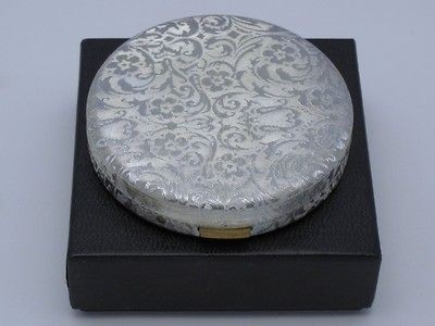 Vintage VOLUPTE Silver Floral Embossed Compact ORIG BOX & Felt Pouch