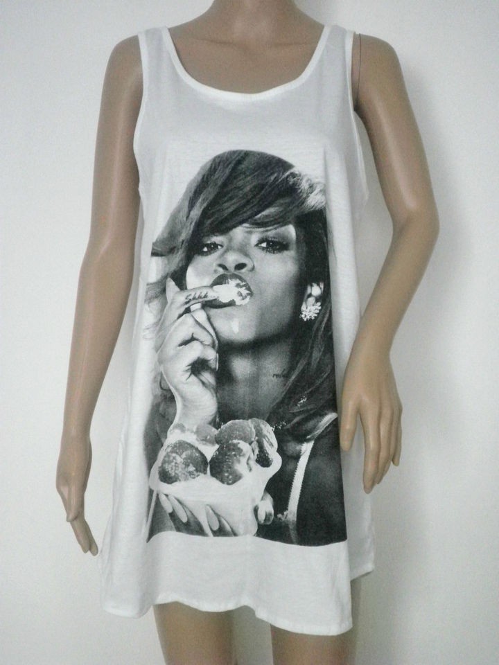 RIHANNA R & B WOMENS TANK TOP MINI DRESS T SHIRT WHITE ONE SIZE