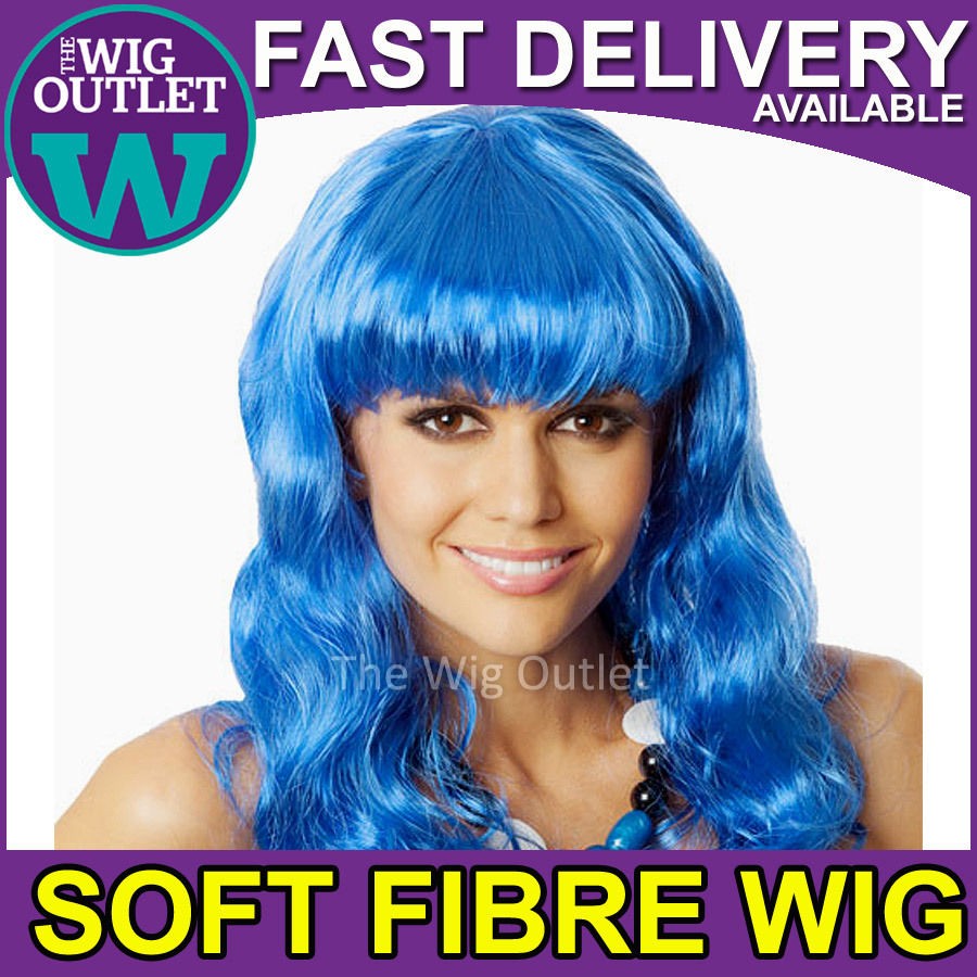   BLUE WAVY COSTUME WIG Teenage Dream Fancy Dress Womens Party Adult