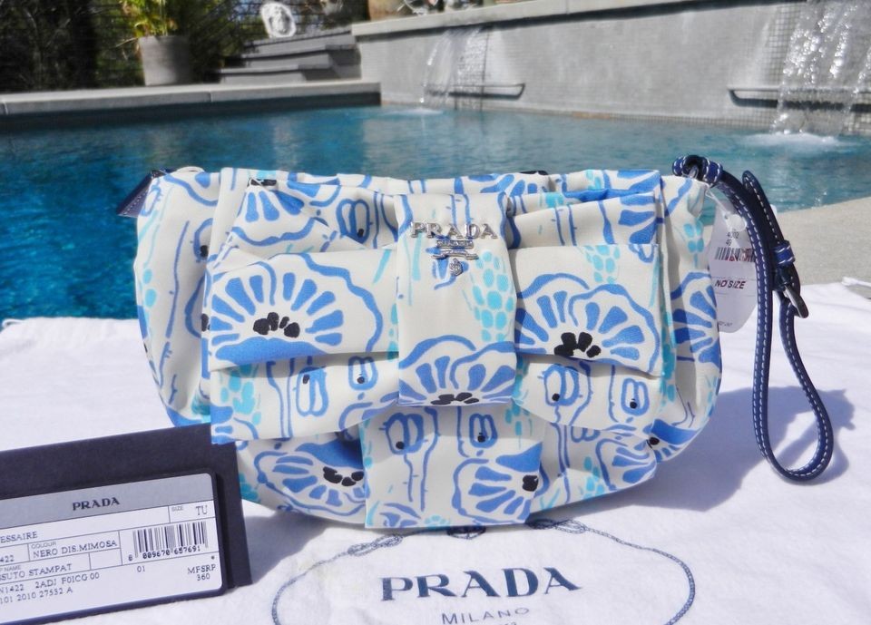 ADORABLE and CHIC***$360 NWT PRADA Blue Floral Print Nylon Wristlet 