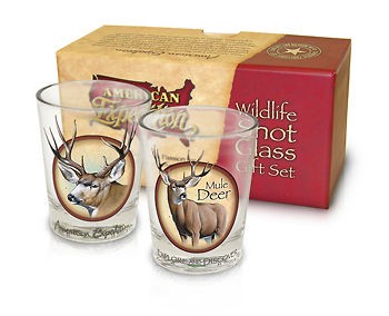 MULE DEER hunter outdoorsman 2 SHOT GLASS glasses set