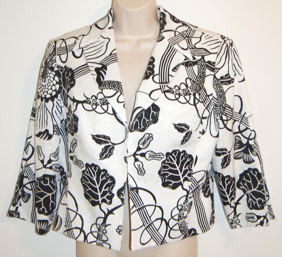 ALBERTO MAKALI 3/4 SL BLACK WHITE FLORAL DESIGN CROPPED JACKET EUC 14