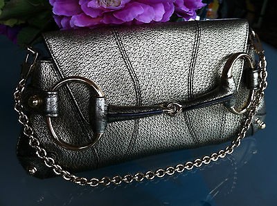 Gucci Green Gold Leather Shoulder Purse Clutch Horsebit MINT Metallic