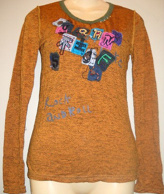 NWOT SACRED THREADS FUNKY OCHRE APPLIK KNIT HIPPY TOP S 32 BUST FREE 