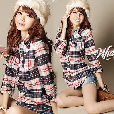 Women Classic Checked Lace Long Sleeve Plaid Button Down Blouse Shirt 