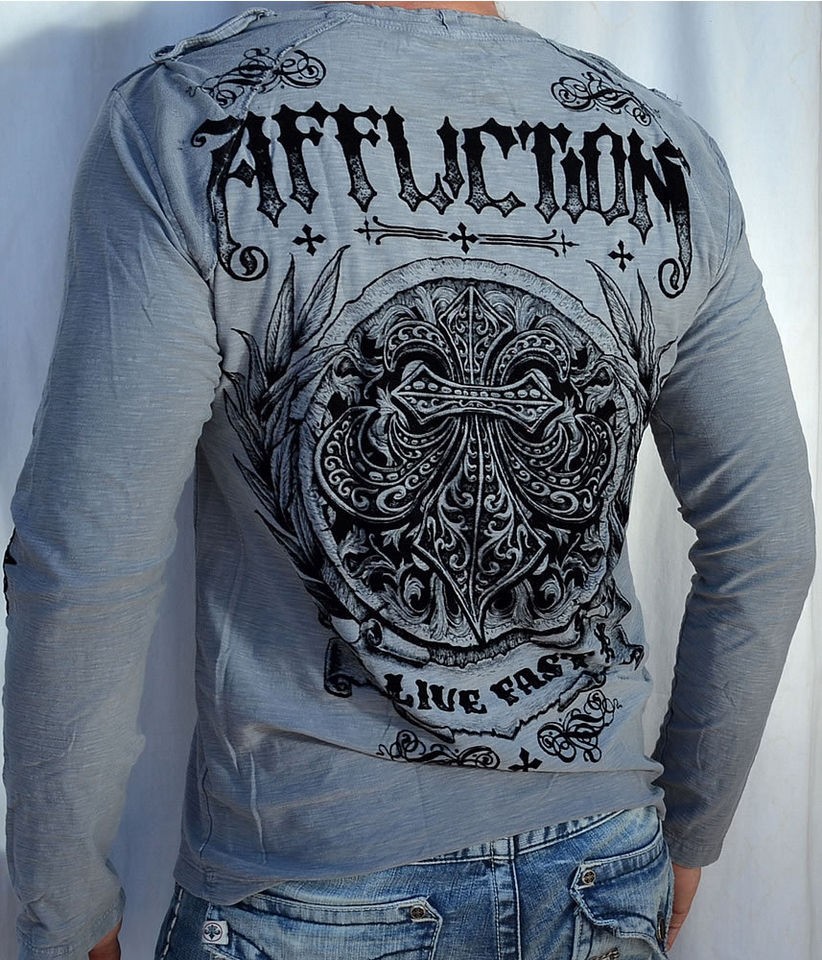 Affliction PLANE Mens Long Sleeve Crew Henley   A5839   NEW   Silver 