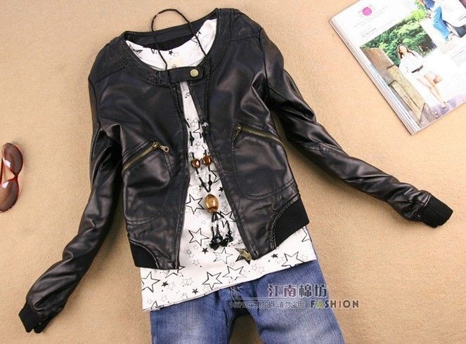 Black PU Leather Women Autumn Short Collarless Biker Outerdoor Jacket 