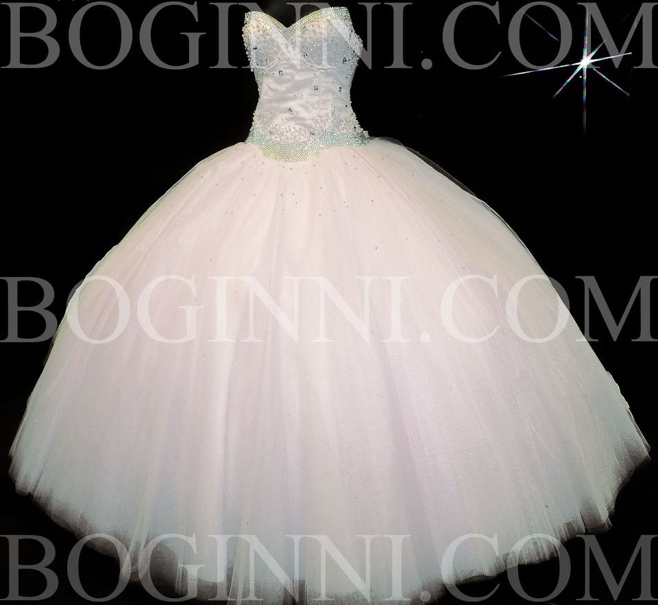 BOGINNI&CO. WHITE AB DIAMOND & PEARL LACE UP CORSET BALL GOWN WEDDING 