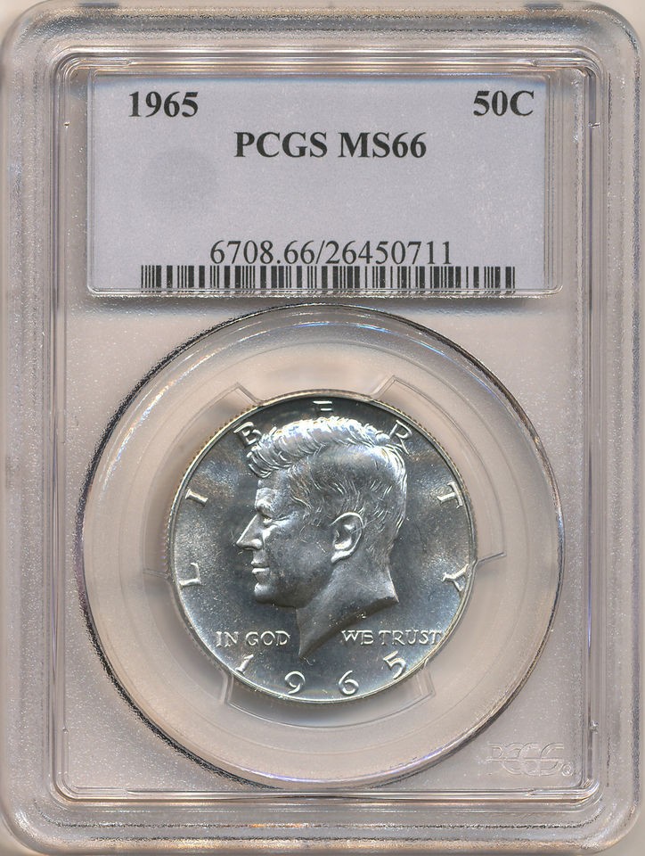 1965 KENNEDY HALF DOLLAR MS66 PCGS. Brilliant GEM BU Superb.