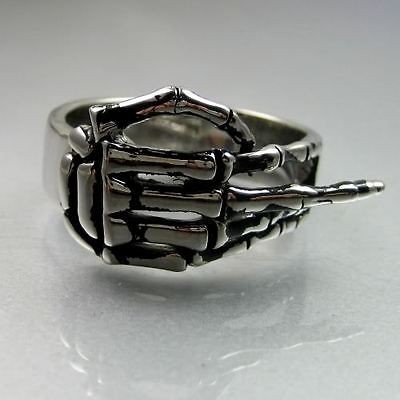 Cool Biker Mens Up Middle Finger Stainless Steel Hand Skeleton Ring 