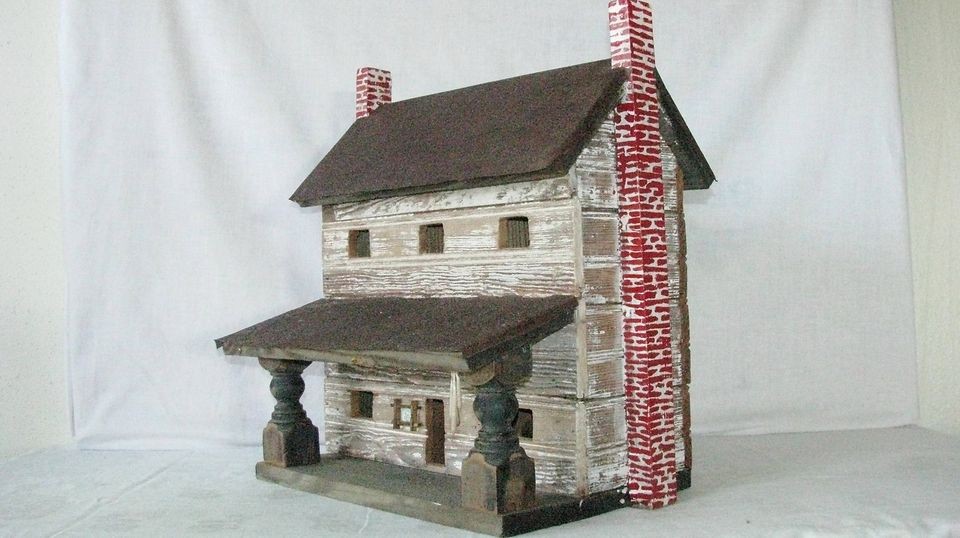 VINTAGE HAND MADE FOLK ART RUSTIC CABIN MODEL DOLL HOUSE METAL ROOF 