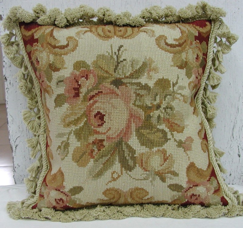 14 Floral Roses French Aubusson Design Wool Needlepoint Throw Pillow 